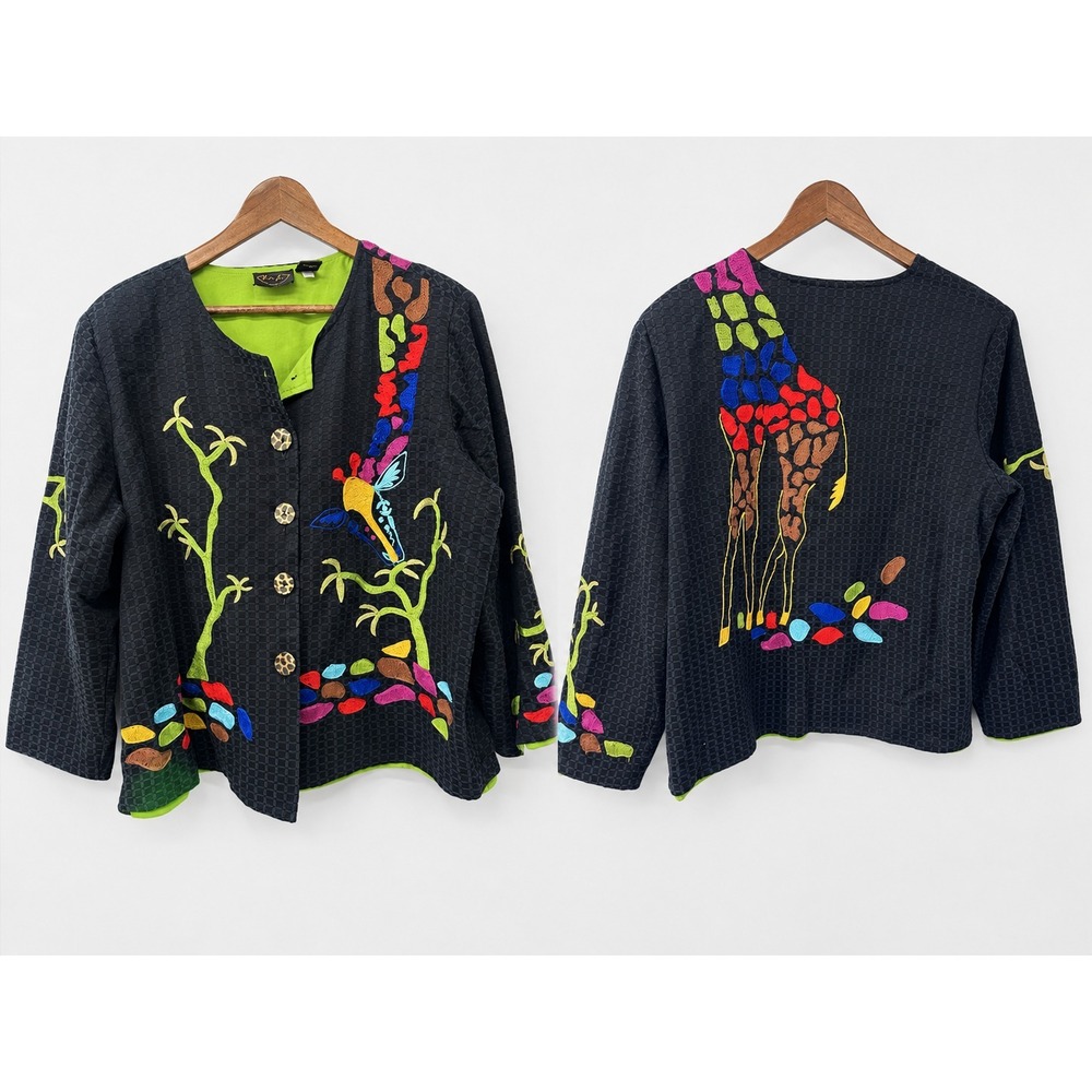 Julia Kim VTG Art to Wear Jacket Black Colorful Embroidered Giraffe Artsy XL